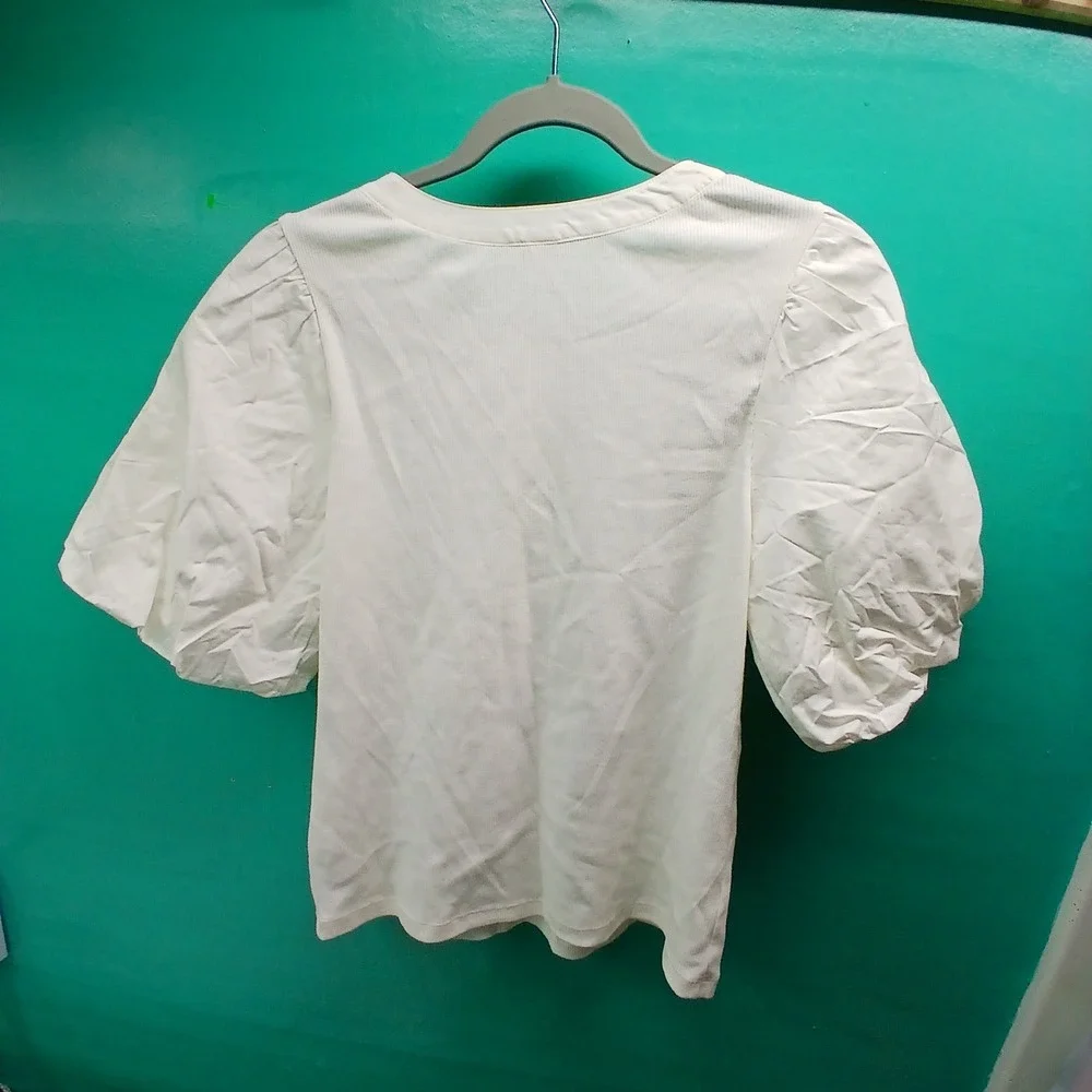 Old Navy Womens White Puff Sleeve‎ Button Neck Ribbed Knit Top Size L